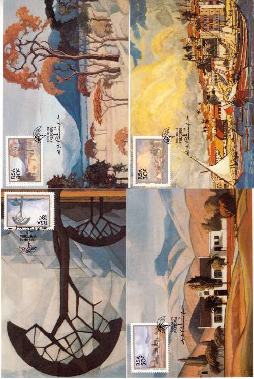 Lot of 4 Potcards, Pretoria 1989 Stamped. Pierneef Paintings. Not used.