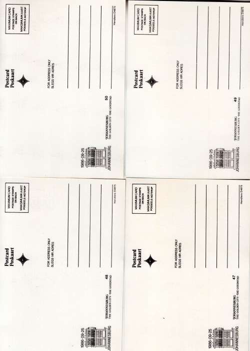 Lot of 4 Potcards, Johannesburg, 1986 Stamped. Johannesburg, The Golden City.. Not used.