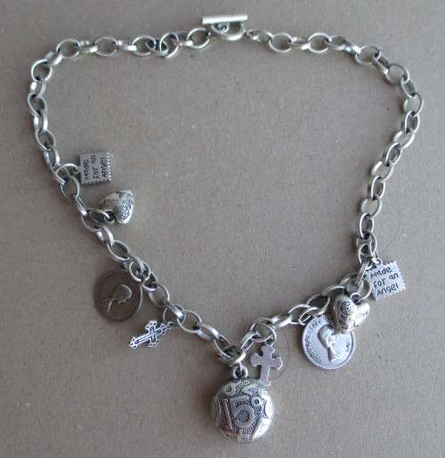 Statement Religious Charm Necklace, Vintage Medals and Crosses. Silver color. 48cm