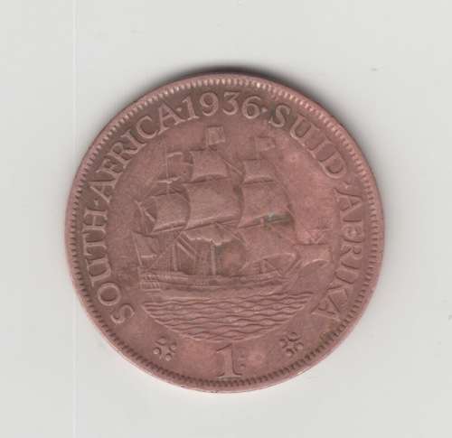 1936 South Africa One Penny coin featuring Dromedaris Ship and King George The Fifth