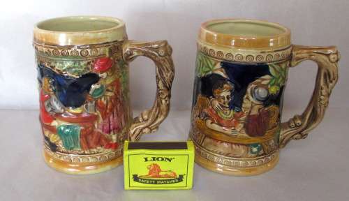 Lot of Two Vintage Porcelain Beer Tankards. Made in Japan. 12 cm high.