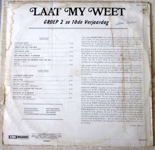 Groep 2 se 10de Verjaardag, Laat my Weet. 1974,  12 tracks. Good Condition. Cover damaged.