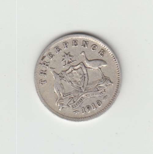 1910 Australian Silver Three Pence Coin.