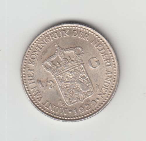 Netherlands 1929 Silver Half Gulden Coin.
