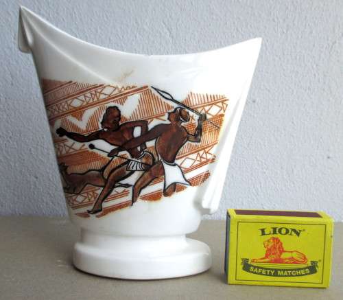 Interesting Vintage Porcelain Vase. Souvenir of South Africa. Hunter Theme. 15cm high.