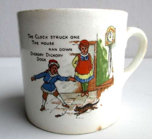 Vintage Hickory Dickory Dock Porcelain Baby Mug. Age related glaze cracks and one small chip, 7cm hi