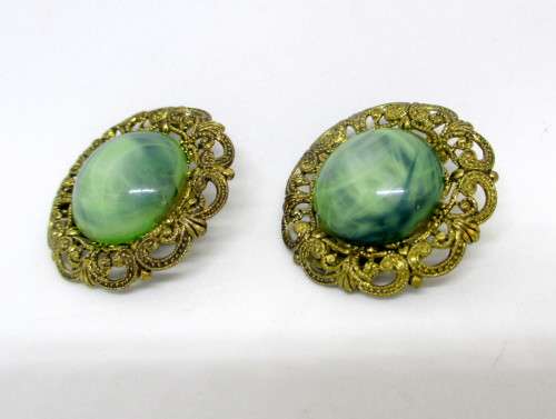 Lovey Vintage Jade green set in Gold color Filigree Clip on Earrings.