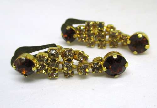 Most Gorgeous Vintage Evening Clip on Earrings. Amber and Rhinestone set in Gold color Splendor.