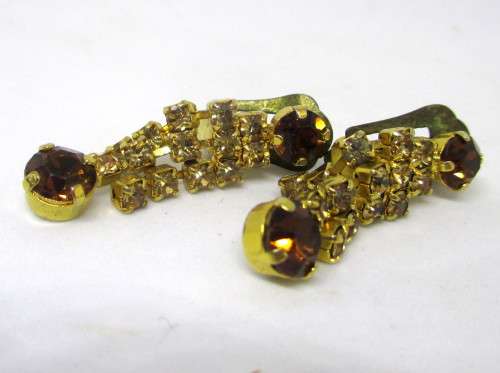 Most Gorgeous Vintage Evening Clip on Earrings. Amber and Rhinestone set in Gold color Splendor.