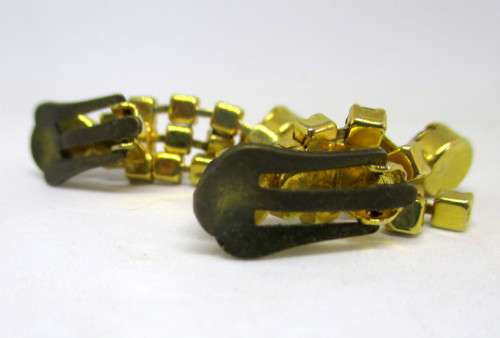 Most Gorgeous Vintage Evening Clip on Earrings. Amber and Rhinestone set in Gold color Splendor.