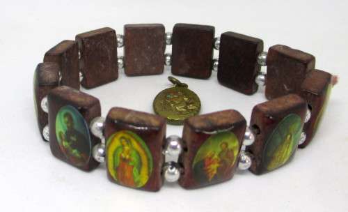 Wooden Rosary Elastic Stretch Bracelet with Pictures of Religious Saints Catholic and Pendant/Charm.