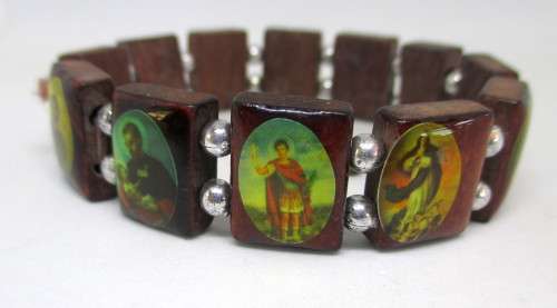 Wooden Rosary Elastic Stretch Bracelet with Pictures of Religious Saints Catholic and Pendant/Charm.