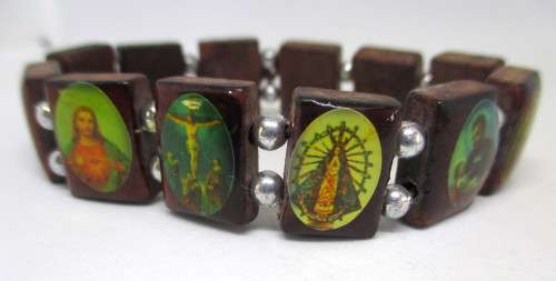 Wooden Rosary Elastic Stretch Bracelet with Pictures of Religious Saints Catholic and Pendant/Charm.