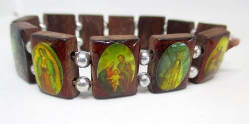 Wooden Rosary Elastic Stretch Bracelet with Pictures of Religious Saints Catholic and Pendant/Charm.