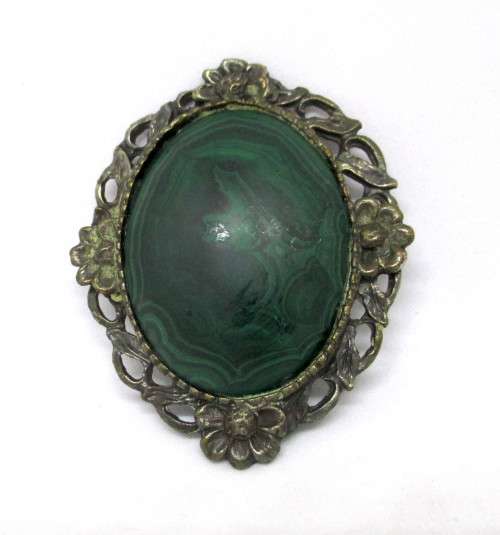 Large Vintage Malachite Brooch in Ornate Setting. 60mm.