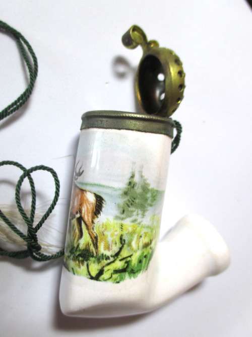 Porcelain  Cavalier Style Hunter`s Pipe with lid, Vintage Souvenir Western Germany Stag.