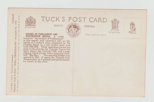 Vintage Sepia Photo Post Card - House of Parliament and Westminister Brdige, London