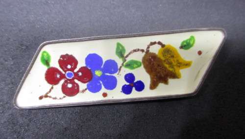 Lovely Vintage Silver enamel Brooch, Flower Bar. 10g, 55x18mm.