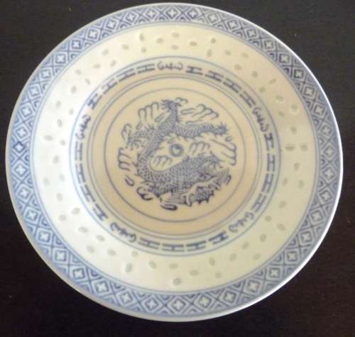 2x Chinese Imperial Dragon Rice Grain Pattern Plates Blue /White Wanyu Porcelain Rare Handpaint.15cm