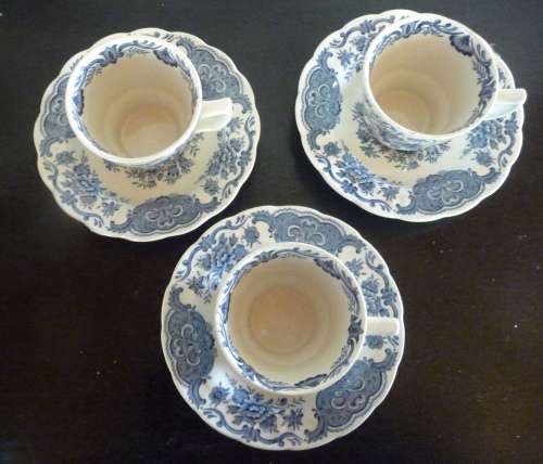 Three Blue and White Small Cups and Suacers. Spotless, Ridgeway `Windsor`