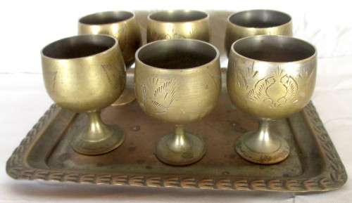 Vintage lot of 6 Brass Mini Goblets & Serving Tray Made In India. As per photo. Goblets 55mm high.