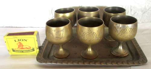 Vintage lot of 6 Brass Mini Goblets & Serving Tray Made In India. As per photo. Goblets 55mm high.