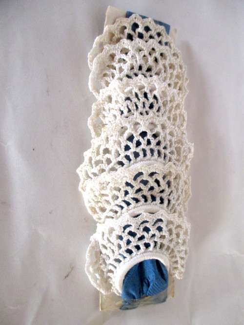 Six Vintage Elegant Handmade Crochet Napkin Holders for a chic table setting. White.