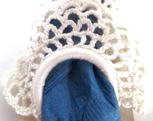 Six Vintage Elegant Handmade Crochet Napkin Holders for a chic table setting. White.