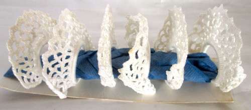 Six Vintage Elegant Handmade Crochet Napkin Holders for a chic table setting. White.