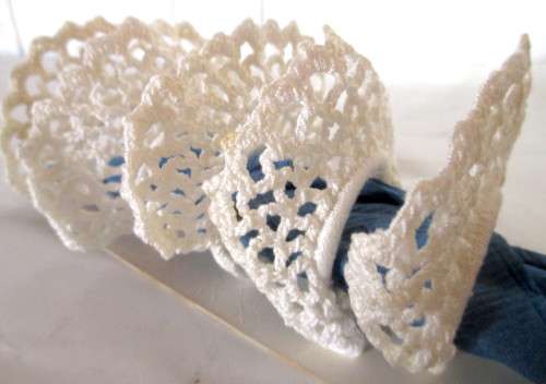 Six Vintage Elegant Handmade Crochet Napkin Holders for a chic table setting. White.