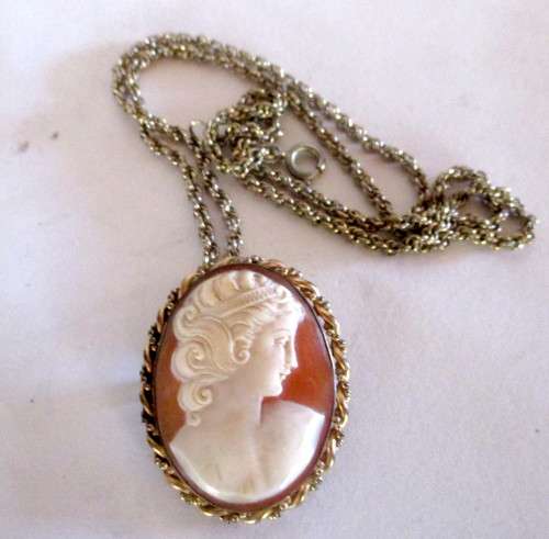 Shell Cameo pendant/brooch with chain. 2.5 cms x 3 cms. Signed PS CO 1/20 10K GF