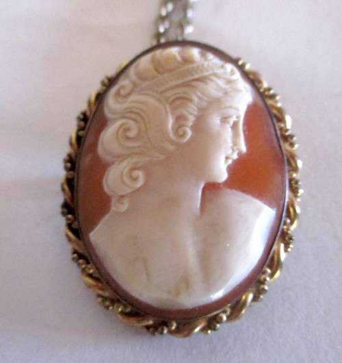 Shell Cameo pendant/brooch with chain. 2.5 cms x 3 cms. Signed PS CO 1/20 10K GF