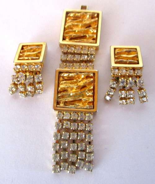 Vintage Golden Color Elaborate Pendant and Clip On Earrings with Diamnte. Pendant 75mmm long.