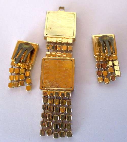 Vintage Golden Color Elaborate Pendant and Clip On Earrings with Diamnte. Pendant 75mmm long.