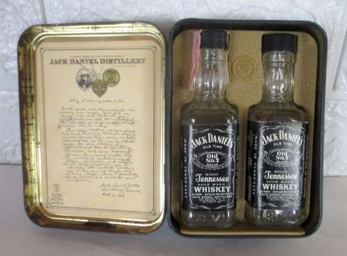 Vintage Collectible Jack Daniels Whiskey Two 50ml Bottles in Tin Box.