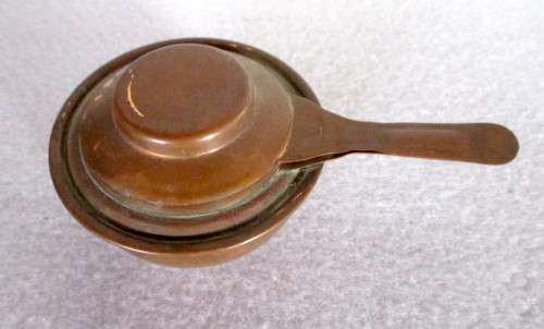 Vintage Mini Copper oil Burner, with snuff lid. 150 mm long.