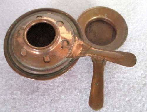 Vintage Mini Copper oil Burner, with snuff lid. 150 mm long.