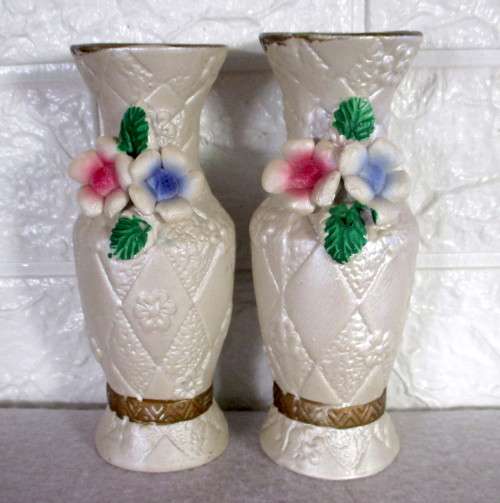 Two Vintage Porcelain Detailed Flower Vases. Covered with Mother of Pearl Scheen. 150mm Spotless.