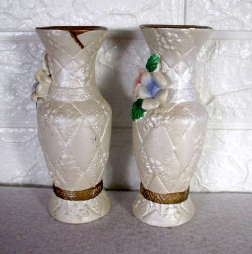 Two Vintage Porcelain Detailed Flower Vases. Covered with Mother of Pearl Scheen. 150mm Spotless.