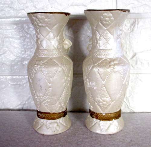 Two Vintage Porcelain Detailed Flower Vases. Covered with Mother of Pearl Scheen. 150mm Spotless.
