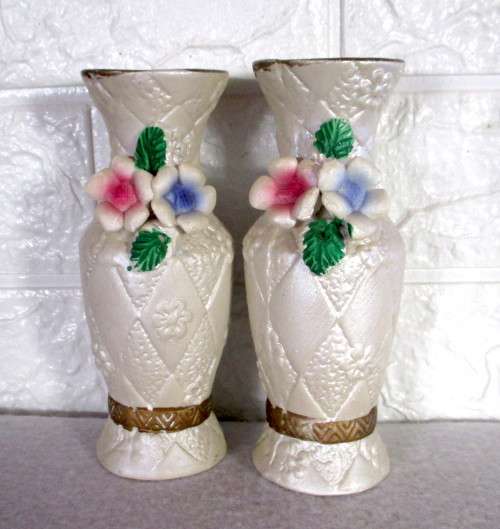 Two Vintage Porcelain Detailed Flower Vases. Covered with Mother of Pearl Scheen. 150mm Spotless.