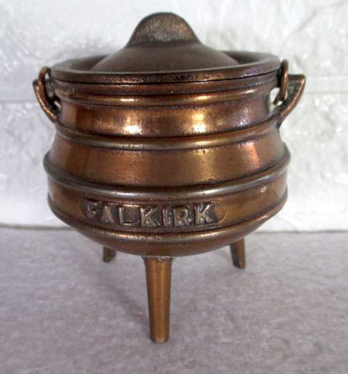 VINTAGE FALKIRK COPPER-PLATED CAST IRON MINIATURE POTJIE & LID. 90mm high.
