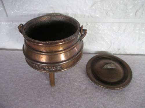 VINTAGE FALKIRK COPPER-PLATED CAST IRON MINIATURE POTJIE & LID. 90mm high.