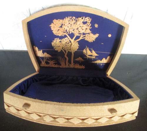 Vntge Chinese/Japanese Cork 3D Jewelry Box Blue Silk Lined. Top disply and latshes gone. 21x6cm.