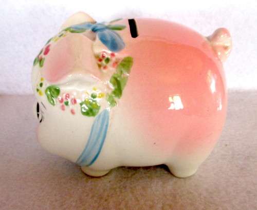 Vintage Cute Ceramic Pink Piggy Bank. 120mm high.
