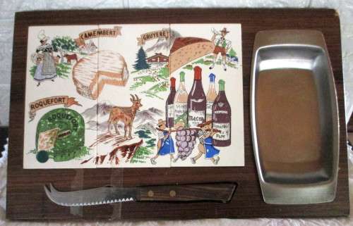 Vintage Cheese Board. Wood and Hand Painted Porcelain Tiles, with Cheese knife and preserves tray.