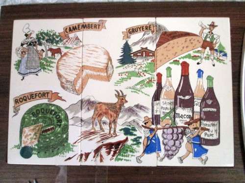 Vintage Cheese Board. Wood and Hand Painted Porcelain Tiles, with Cheese knife and preserves tray.
