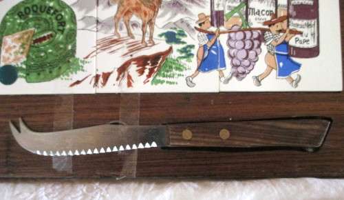 Vintage Cheese Board. Wood and Hand Painted Porcelain Tiles, with Cheese knife and preserves tray.