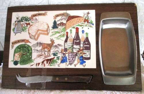 Vintage Cheese Board. Wood and Hand Painted Porcelain Tiles, with Cheese knife and preserves tray.