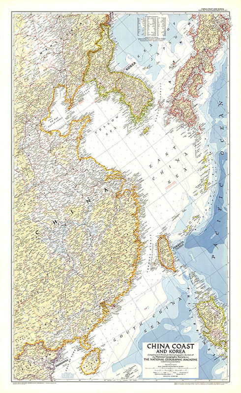 1953 China Coast and Korea Map . National Geographic Society. Size: 66cm x 107cm.